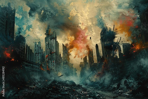 A post-apocalyptic city in ruins with debris everywhere and large buildings in the background, dark and gloomy atmosphere, apocalypse, destruction, urban, cityscape, war, aftermath,Fei Xu tonatsutaMo photo