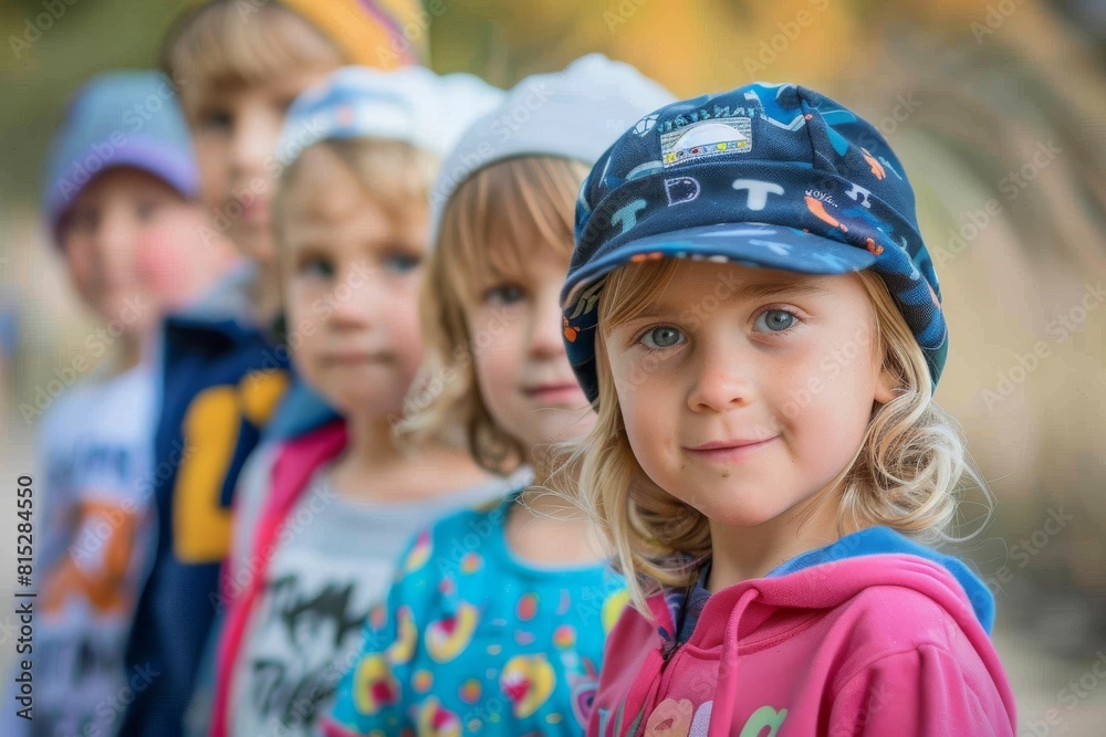Portrait of a little girl in a cap on a background of the autumn forest Portrait of a little girl in a cap on a background of the autumn forest