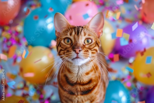 Funny portrait of a happy Bengal cat on a festive background with balloons and confetti. Festive background with a cat for birthday or new year.