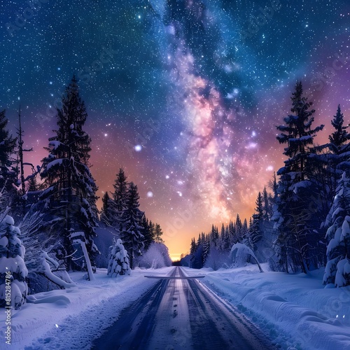 Road leading towards colorful sunrise between snow covered trees with epic milky way on the sky  © Love Muhammad