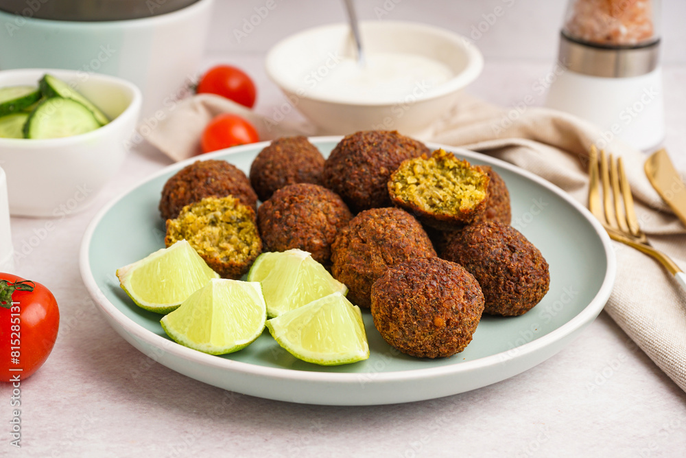 Plate with delicious falafel balls, lime and tomato on light background, closeup Plate with delicious falafel balls, lime and tomato on light background, closeup