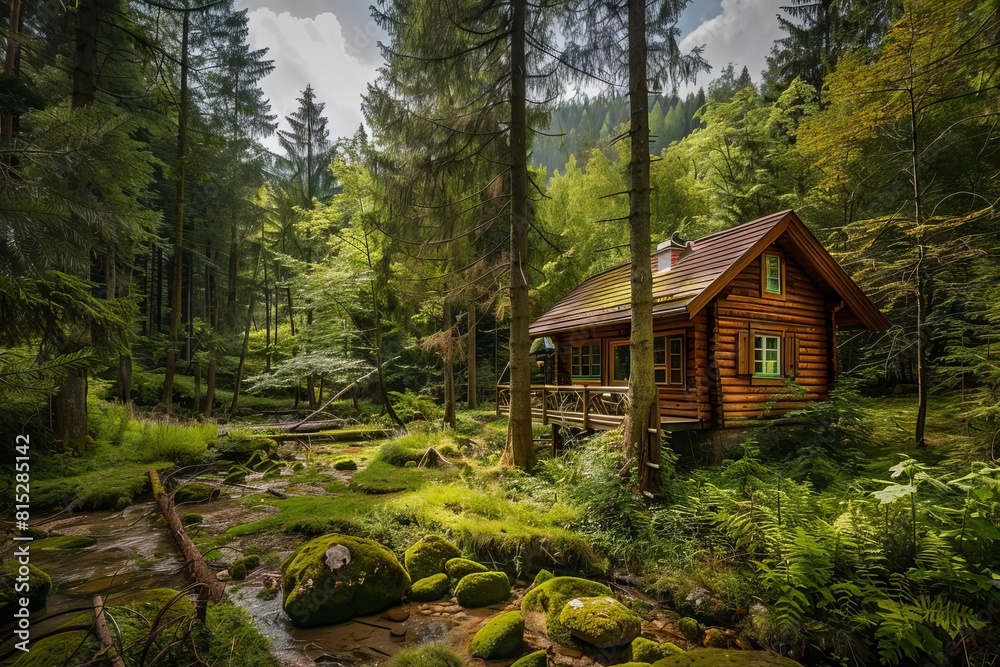 secluded wooden cabin hideaway surrounded by untouched nature tranquil landscape photography