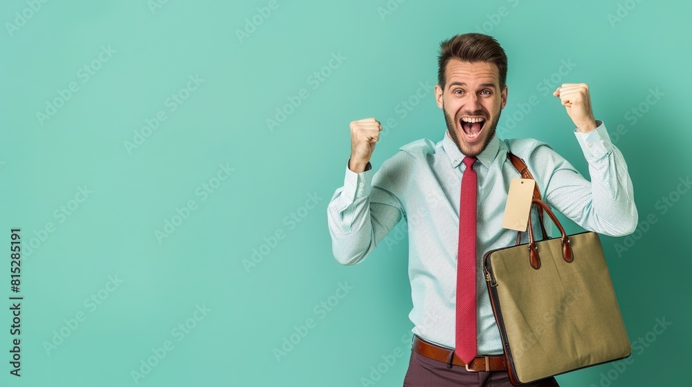 Happy American businessman radiating joy and accomplishment, holding a briefcase with a 'promoted' tag, set against a refreshing mint green backdrop Happy American businessman radiating joy and accomplishment, holding a briefcase with a 'promoted' tag, set against a refreshing mint green backdrop
