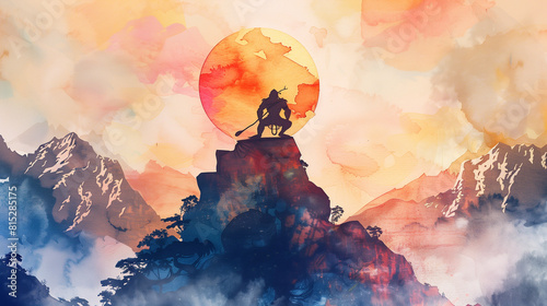 Watercolor illustration of a strong hanuman silhouette on mountain top. photo