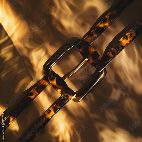 A pair of leopard print belts are shown on a tan background. The belts are made of leather and have a gold buckle. The image has a warm, inviting mood photo