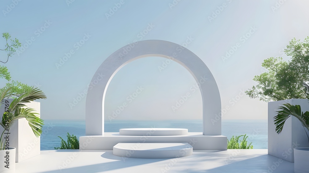Scene with geometrical forms, arch with a podium in natural daylight. Sea view. Summer scene. 3D render background