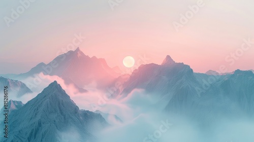 foggy mountain range at dawn, the sun rising behind the peaks, piercing through the mist, subtle pastel gradient in the sky realistic photo