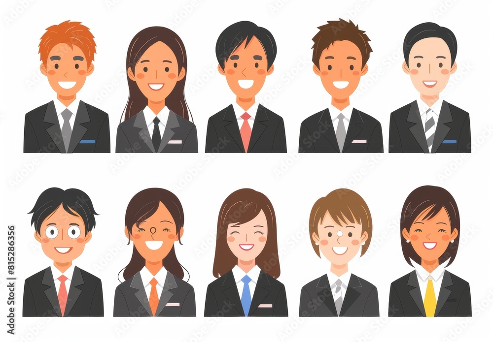 A set of icons featuring Japanese office workers in business suits, wearing glasses and smiling. A set of icons featuring Japanese office workers in business suits, wearing glasses and smiling.