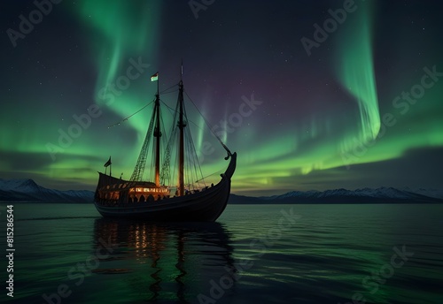 Viking ship sailing under the northern lights, generative AI