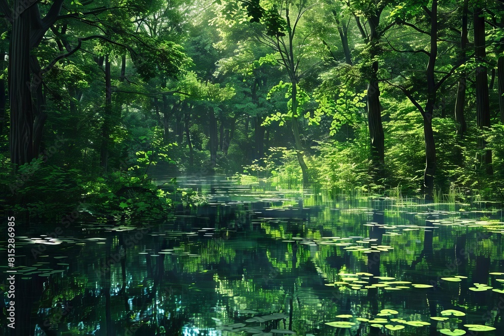 tranquil lush green forest with clear reflective pond serene natural landscape ai generated artwork tranquil lush green forest with clear reflective pond serene natural landscape ai generated artwork
