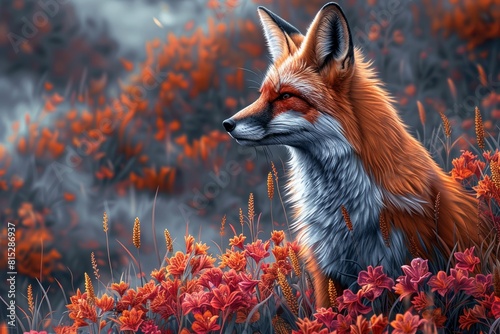 A fantasy illustration of a fox in a field of soft purple flowers.  © Elle Arden 