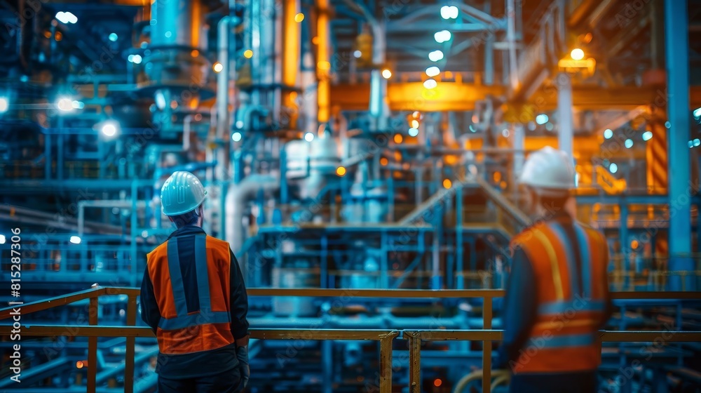 Fototapeta premium Visualize a metallurgy construction project, with workers in safety vests assembling a complex metal structure