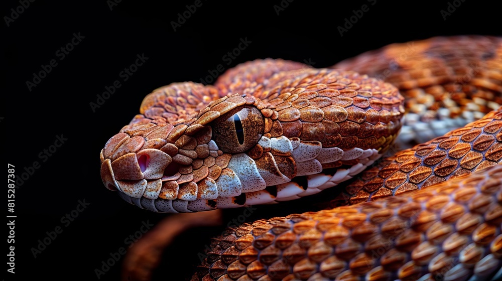 Visualize a rattlesnake in a striking pose, on a pure black background, with a horizontal layout for banner use and copy space Visualize a rattlesnake in a striking pose, on a pure black background, with a horizontal layout for banner use and copy space