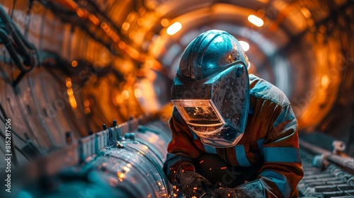 Visualize a welder in a durable mask, inspecting a newly welded pipeline section in a welllit tunnel construction site photo