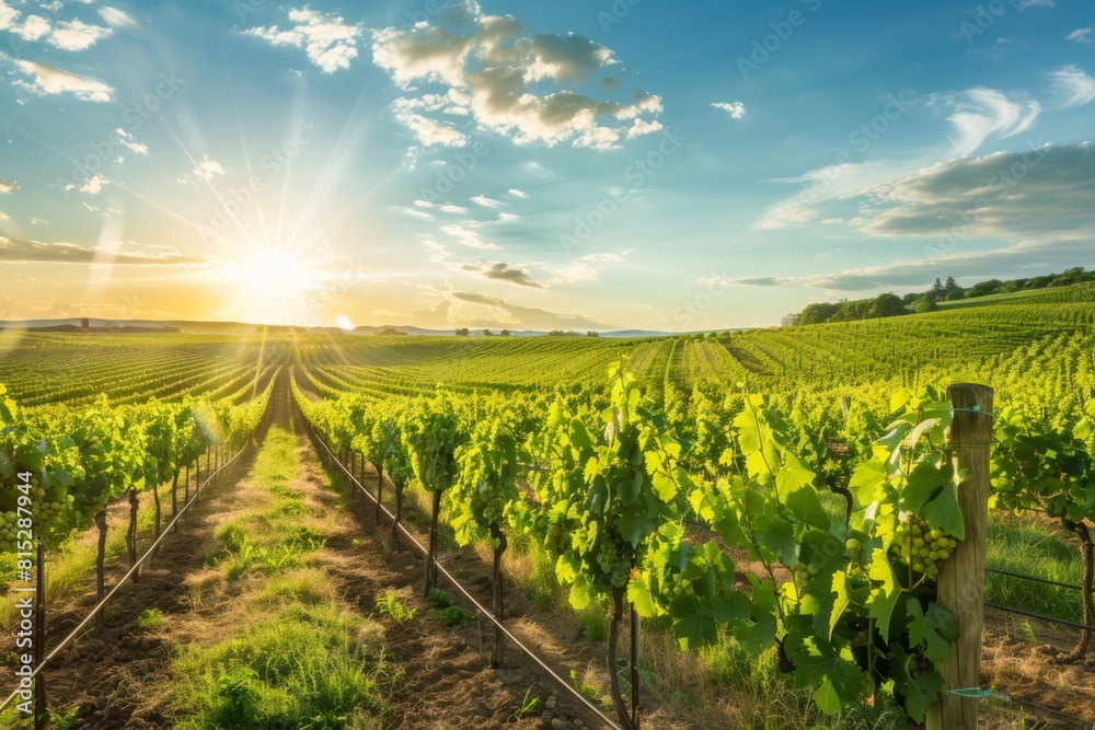 Naklejka premium A charming vineyard with rows of grapevines basking in the summer sun