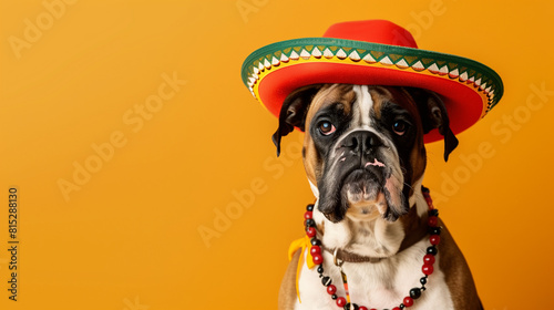 A fashionable Boxer dog dressed for Cinco de Mayo, wearing a colorful Mexican sombrero, copy space © keystoker