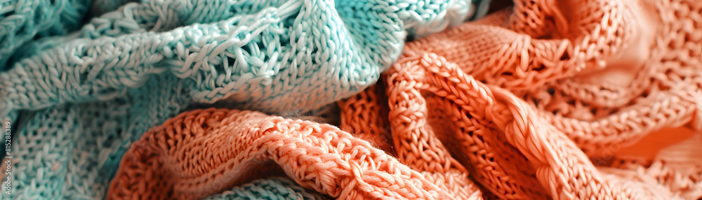 A blue and orange knitted blanket with a pattern of lace. The colors are vibrant and the design is intricate A blue and orange knitted blanket with a pattern of lace. The colors are vibrant and the design is intricate