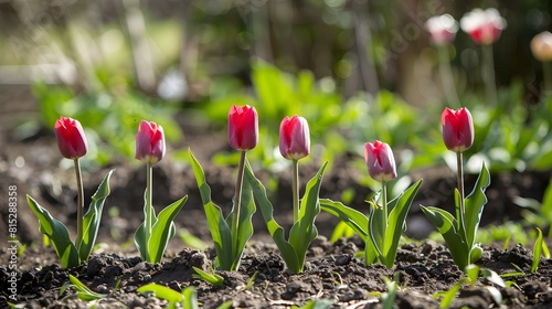 Dig holes in well-drained soil and plant tulip bulbs about 6 inches deep, spaced 4-6 inches apart, ensuring they receive adequate sunlight. photo