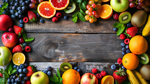 wooden background with colorful fruits arranged on the left side  creating an empty space for text