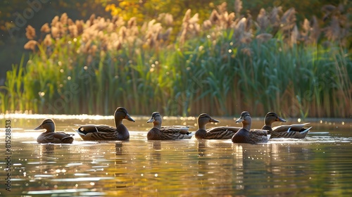 a group of ducks floating on top of a lake next to tall grass.