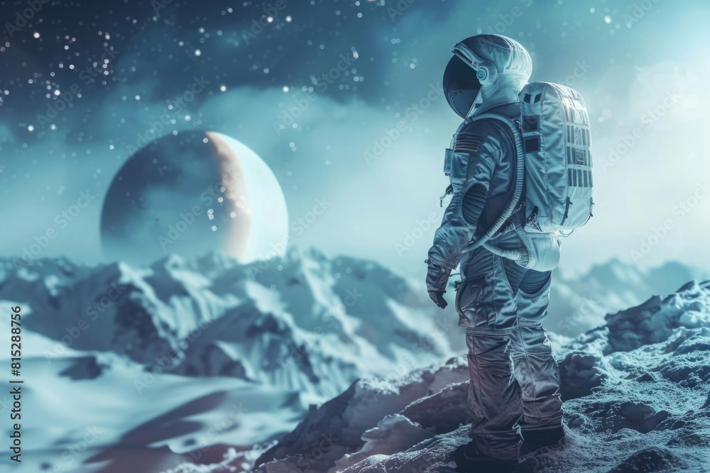 Astronaut on the surface of the Moon against the backdrop of the Earth, exploring space and other planets