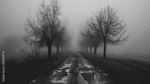 Misty road flanked by bare trees - A mysterious  foggy road with bare trees lining the path  offering a moody and atmospheric scene