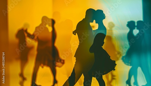 Dance partners silhouetted against warm colors - A pair of dance partners silhouetted with backdrop of orange and yellow hues reflecting their passionate dance photo