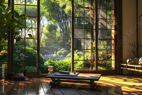 Japanese zen garden room with sunlight coming through the open window
