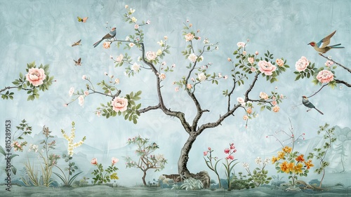 Fototapeta Naklejka Na Ścianę i Meble -  Vintage style tree with diverse bird species - Artwork showcasing a tree in full bloom with different types of birds and flowers against a textured background