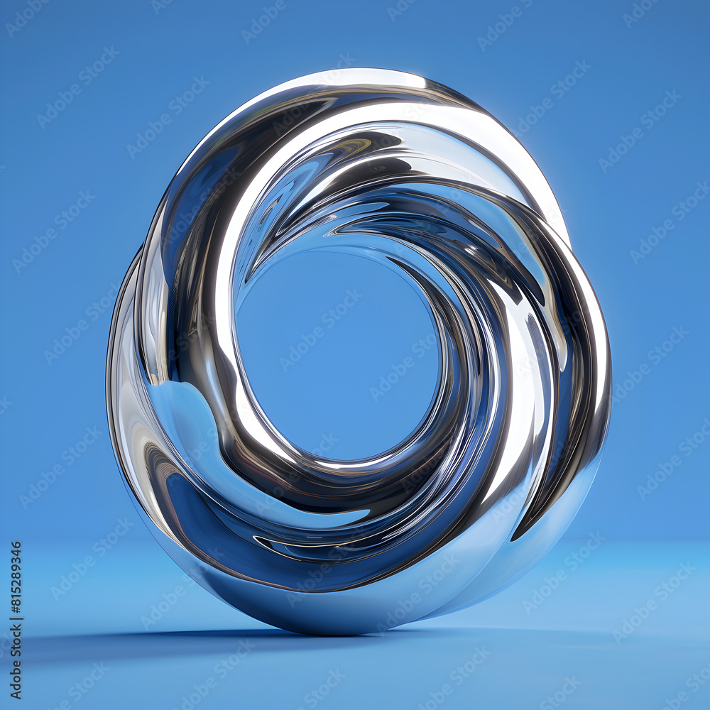A silver object with a spiral shape is on a blue background. The object is shiny and metallic, and it is a piece of art A silver object with a spiral shape is on a blue background. The object is shiny and metallic, and it is a piece of art