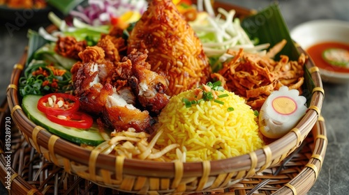 Nasi tumpeng a festive cone shaped rice dish is traditionally accompanied by vibrant Indonesian salad crispy fried chicken and savory noodles This celebratory meal is commonly enjoyed at bi photo