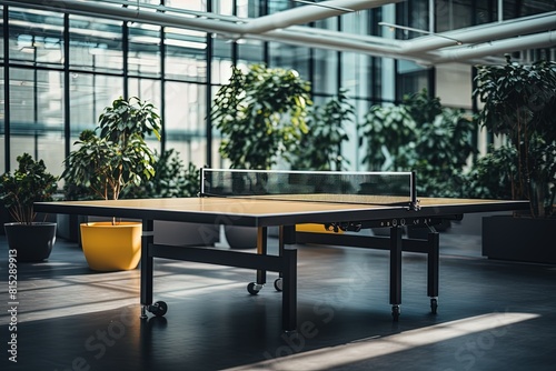 a ping pong table in a room with potted plants