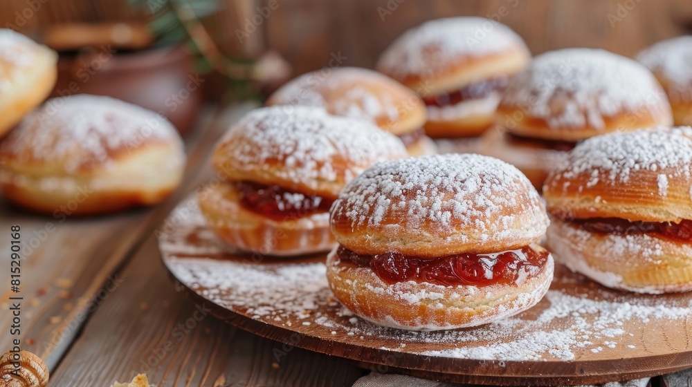 Indulge in the traditional Polish delight of freshly fried paczki on Fat Thursday Tlusty czwartek These scrumptious treats are generously filled with rose hip jam and dusted with a sweet lay Indulge in the traditional Polish delight of freshly fried paczki on Fat Thursday Tlusty czwartek These scrumptious treats are generously filled with rose hip jam and dusted with a sweet lay