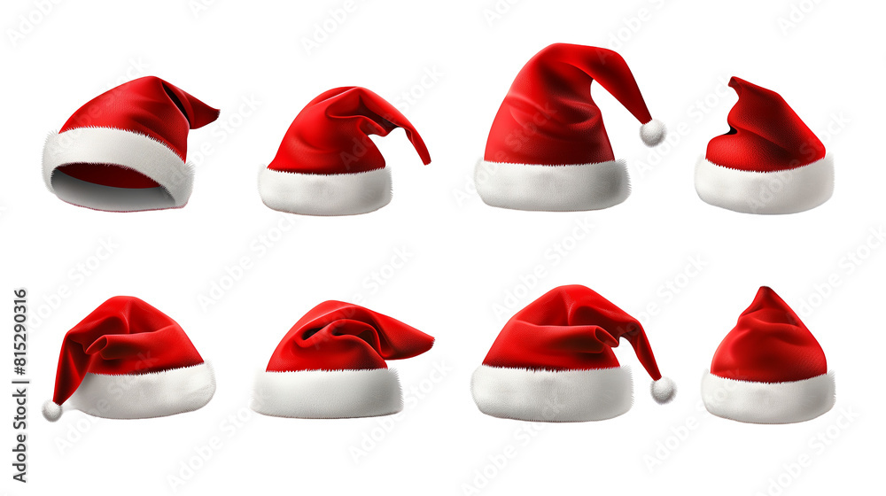 Big set of realistic Santa Hats isolated. Santa on transparent background. New year symbol, winter render caps pithy vector elements. Santa Hats concept. Big set of realistic Santa Hats isolated. Santa on transparent background. New year symbol, winter render caps pithy vector elements. Santa Hats concept.