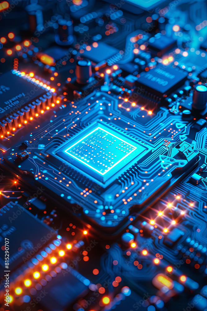 Close-up of illuminated blue circuit board - This image features a close-up of a complex electronic circuit board with illuminated blue lights, highlighting the intricate pathways Close-up of illuminated blue circuit board - This image features a close-up of a complex electronic circuit board with illuminated blue lights, highlighting the intricate pathways