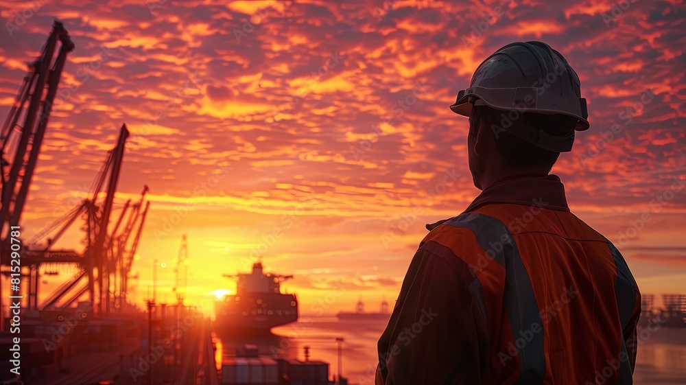 Worker overlooking a sunset harbor - Worker in safety gear watching a cargo ship at sunset in an industrial harbor