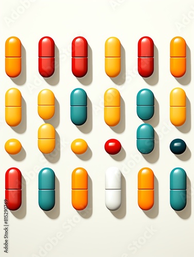 3D rendering of colorful pills and capsules on white background. photo