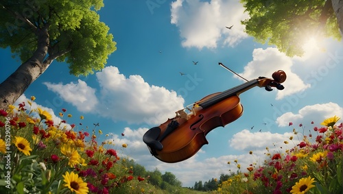 A violin soaring over a vibrant field of flowers in a summer landscape with colorful trees and clear skies. Generative AI