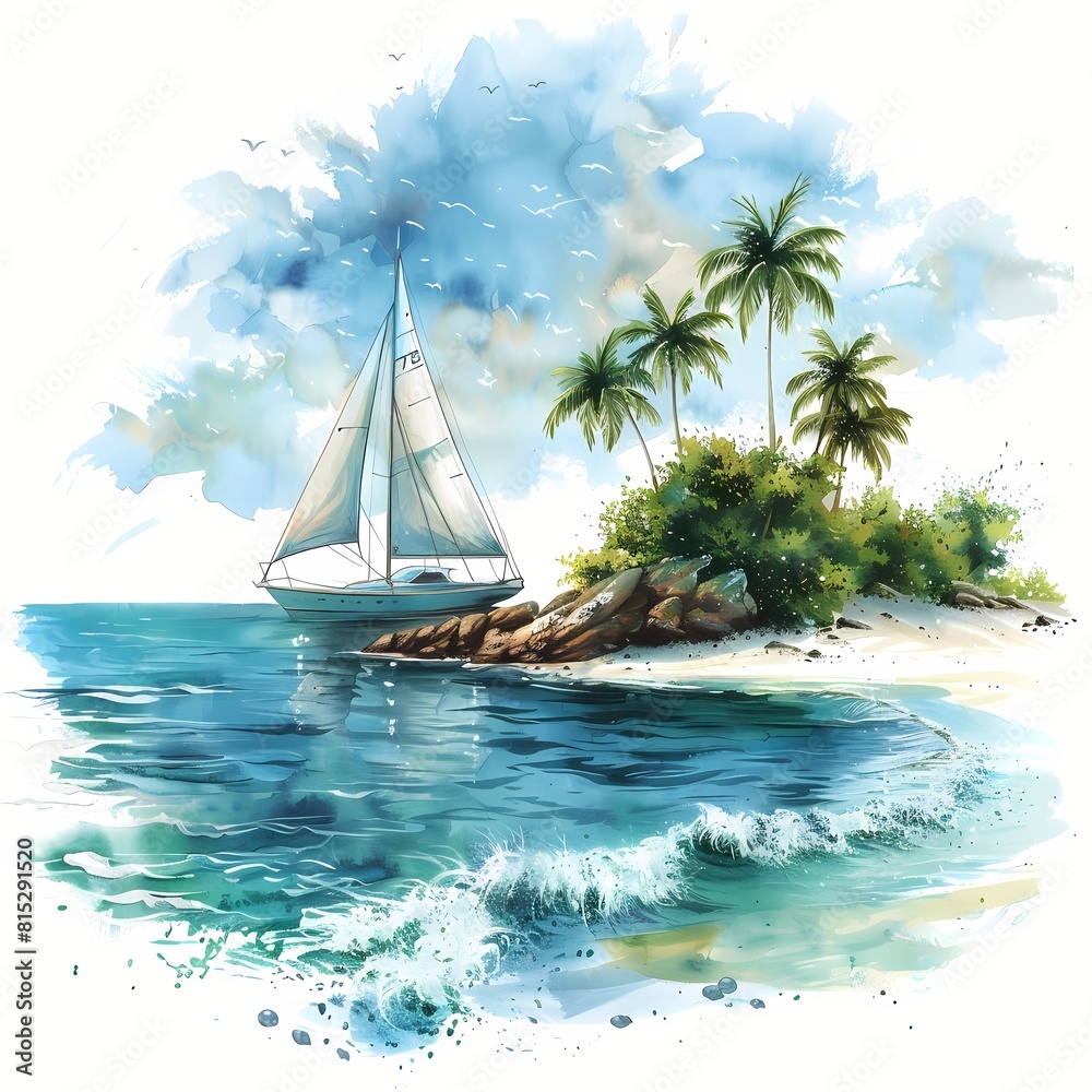 Fototapeta premium Tropical Island with Boat in Style of Watercolor On White Background