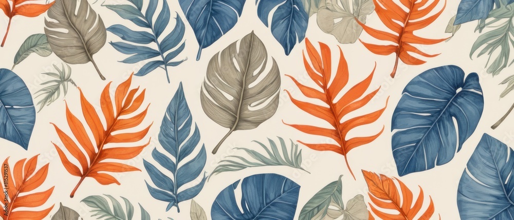 digital illustration of tropical leaves background in vibrant orange and muted blue digital illustration of tropical leaves background in vibrant orange and muted blue