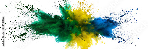 colorful brazilian flag green yellow blue color holi paint powder explosion on isolated white background. brazil rio de janeiro carnival qatar and celebration soccer fans travel tourism concept photo