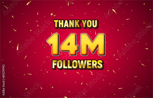 Golden 14M isolated on red background with golden confetti, Thank you followers peoples, 14M online social group, 15M  photo