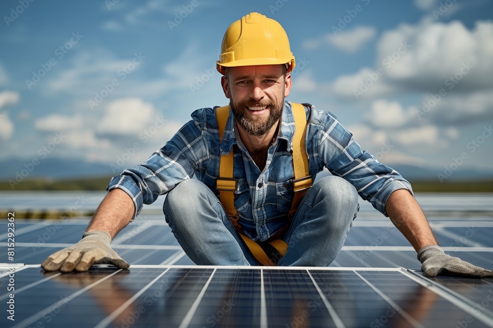 Man in Hard Hat Sitting on Solar Panel Man in Hard Hat Sitting on Solar Panel