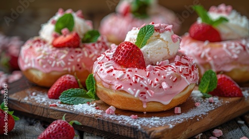 A side view of strawberry doughnuts topped with vanilla ice cream and mint leaves is displayed on a rustic wooden table for Doughnut Day celebrations