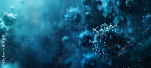blue virus cells on dark background, in the style of stock photo. photo