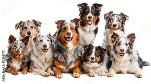 "Gathering of Cheerful Australian Shepherd Pups (Portrait, Sitting, Standing, Lying) on White Background as Transparent PNG. Blank White Backdrop