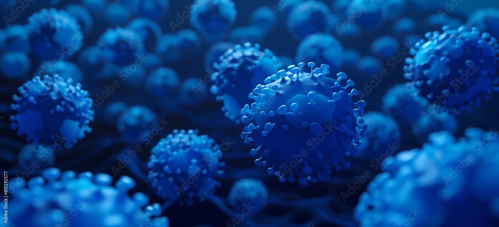 blue virus cells on dark background, in the style of stock photo.