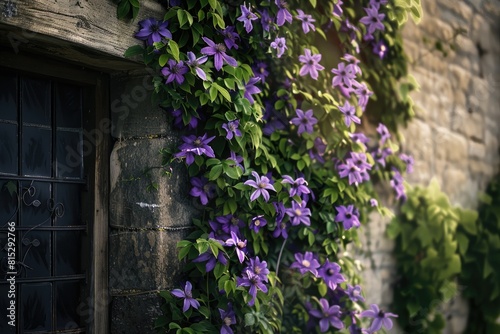 a wall covered in purple flowers next to a window