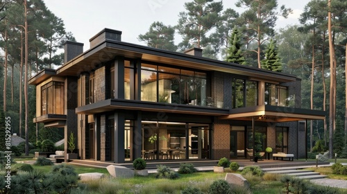 Modern house with large windows, brick and black wood facade. Front view of a modern two-story family home in the forest on a summer day. Realistic rendering,