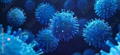 blue virus cells on dark background, in the style of stock photo.